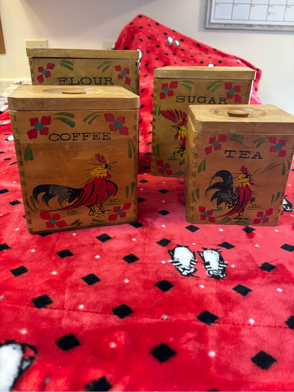 Vintage Rooster Wooden Canister Set - Coffee Tea Sugar Flour - Red & Natural